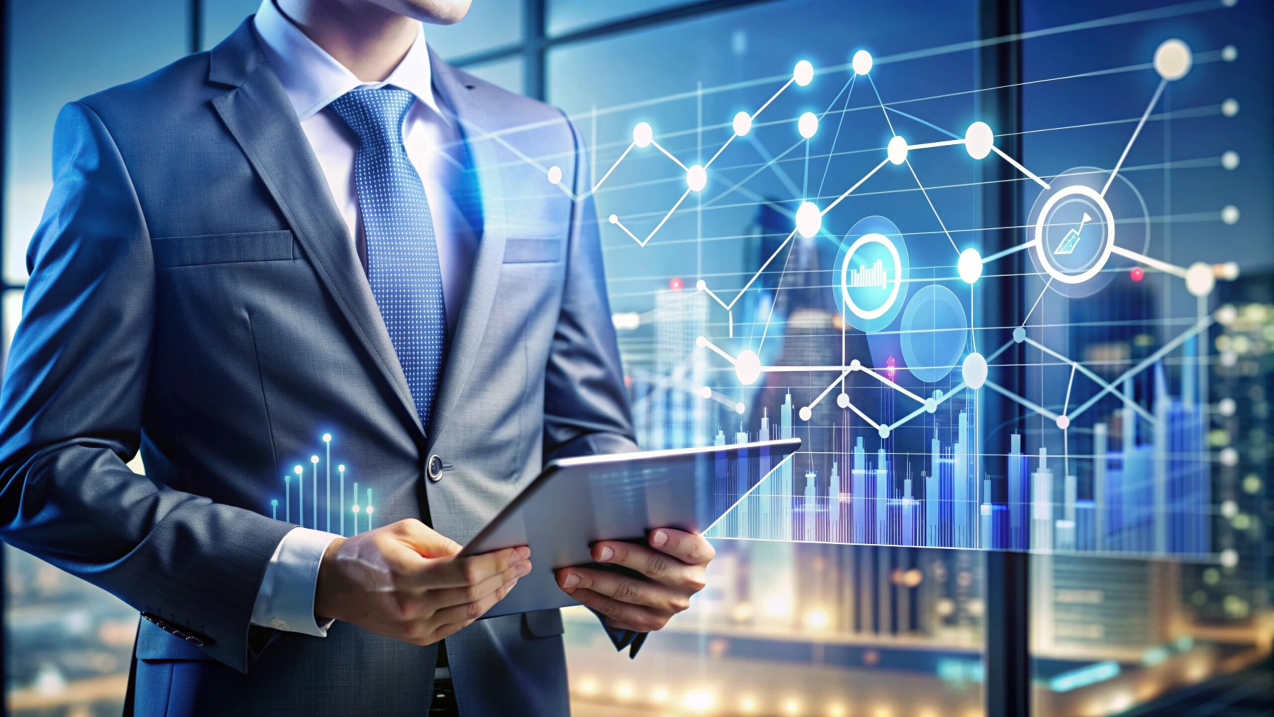 Businessman Analyzing Data Tablet With Graphs Charts Scaled